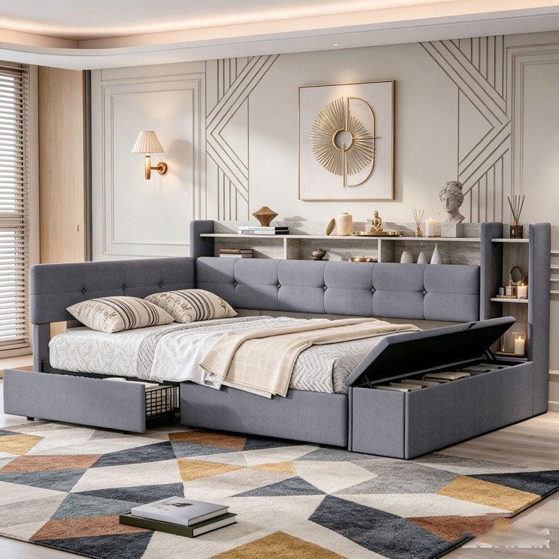 Twin Upholstered Daybed with Storage and USB Charging, Twin, Grey, Drawers;Footboard Storage;Shelves