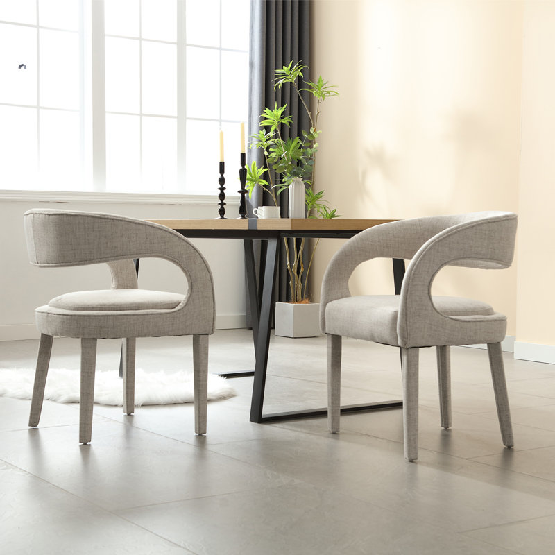 Beige Linen Upholstered Arm Chairs with Wood Legs, Set of 2