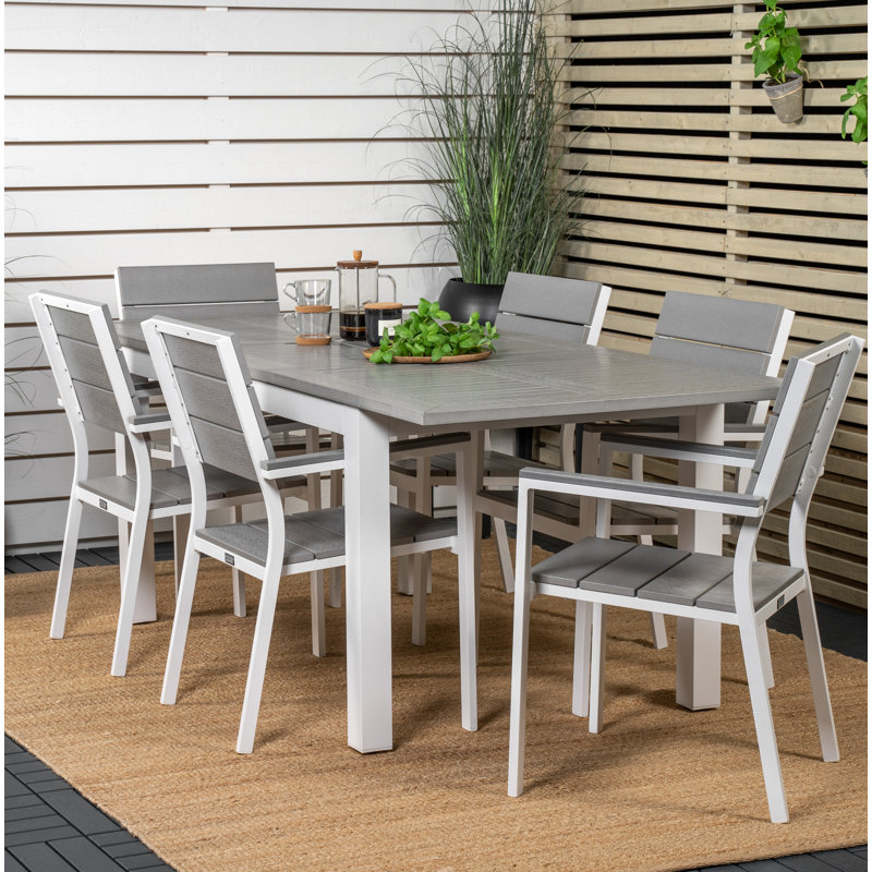 Jayesh 6 - Person Patio Dining Set Extendable Rectangular Table, 75cm H x 160cm L x 90cm W, White/Taupe