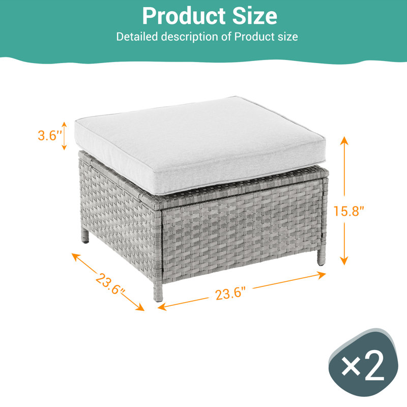 2 Piece Rattan Patio Ottoman with All Weather Wicker, Gray, Linen Gray