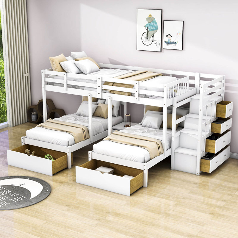 Lit superposé simple au-dessus de 7 tiroirs Evelean, Blanc