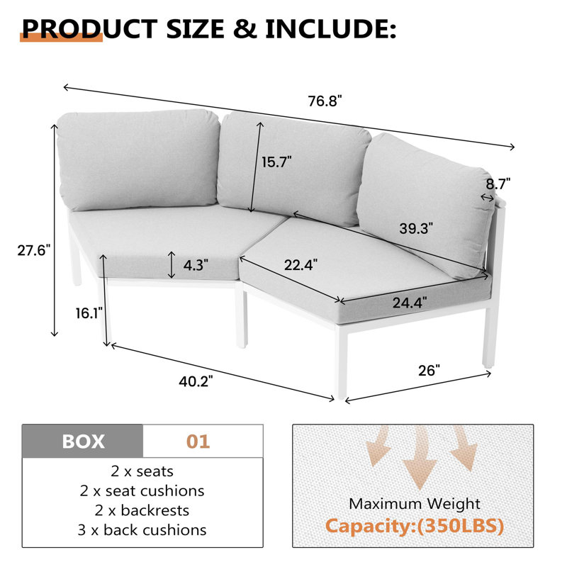 Aluminum Outdoor Patio Sectional Sofa Set, Light Gray, 2 Person
