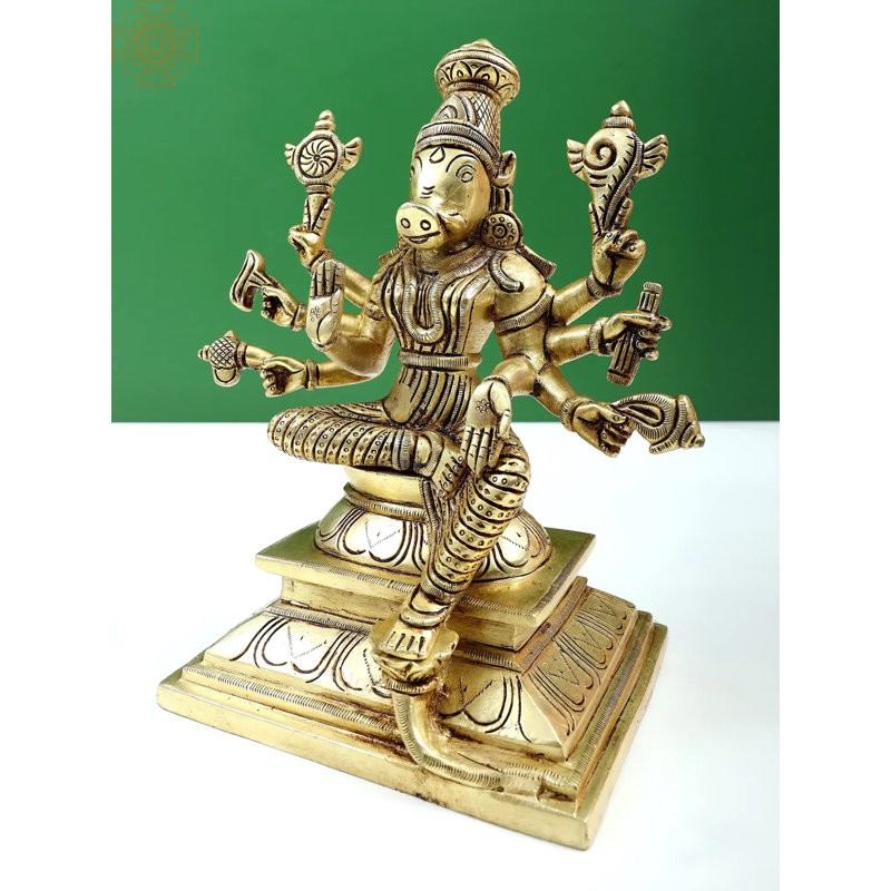 9" Eight-Armed Goddess Varahi Brass Statue – Handcrafted Fierce Hindu Deity Sculpture for Protective Home Altar Décor