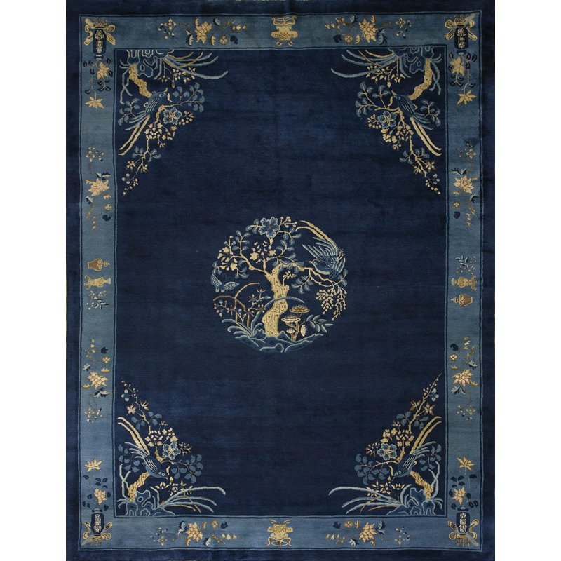 1920s Blue Hand Knotted Pile Wool Rectangle Antique Rug