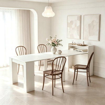 Table de salle à manger extensible blanche moderne avec rangement intégré, table de cuisine polyvalente pour la salle à manger et la cuisine