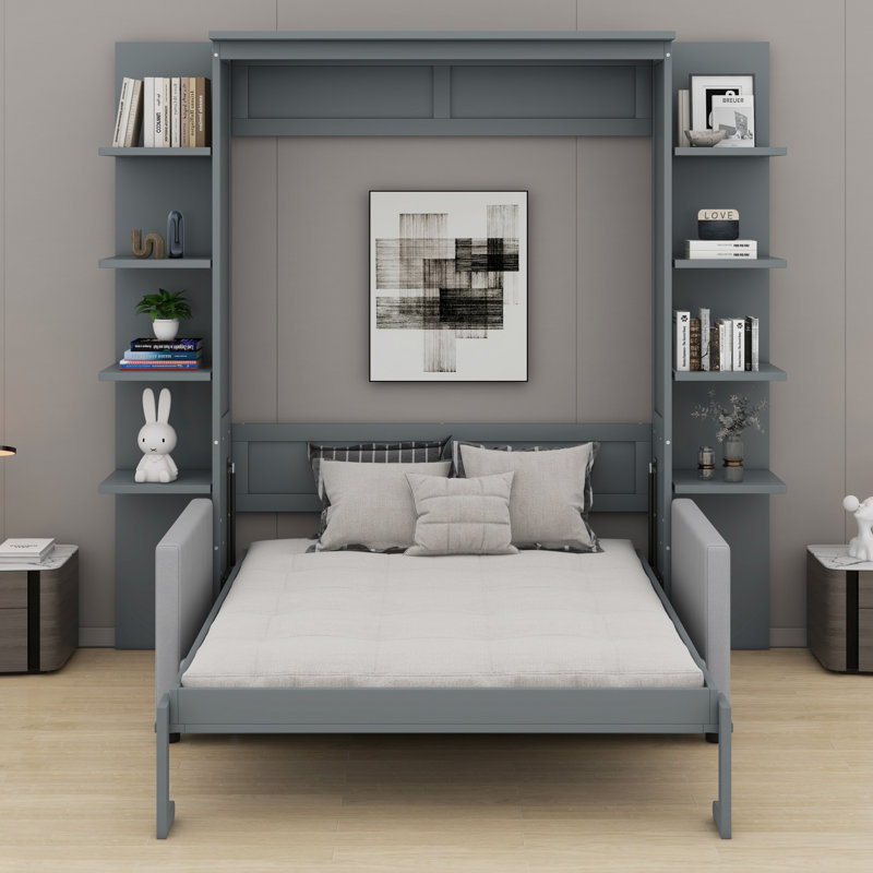 Armoire lit escamotable en bois avec tablettes de rangement et canapé, Gris