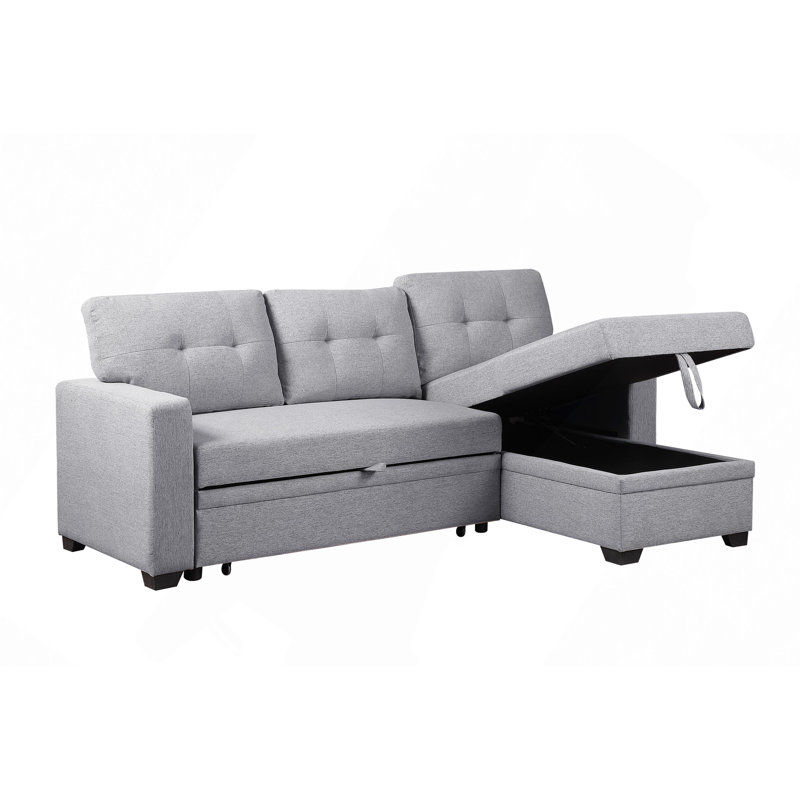 Upholstered Pull Out Sectional Sofa With Chaise, Light Gray Linen