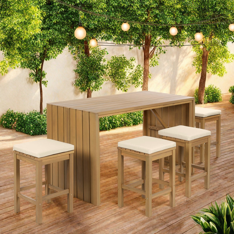 5 Pieces Outdoor Bar Set Included 1 Height Table & Four Stools With Cushions