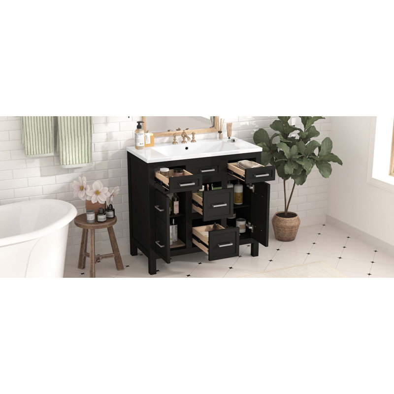 Meuble-lavabo 36 po avec lavabo intégré en résine - 4 tiroirs, 2 portes, Noir