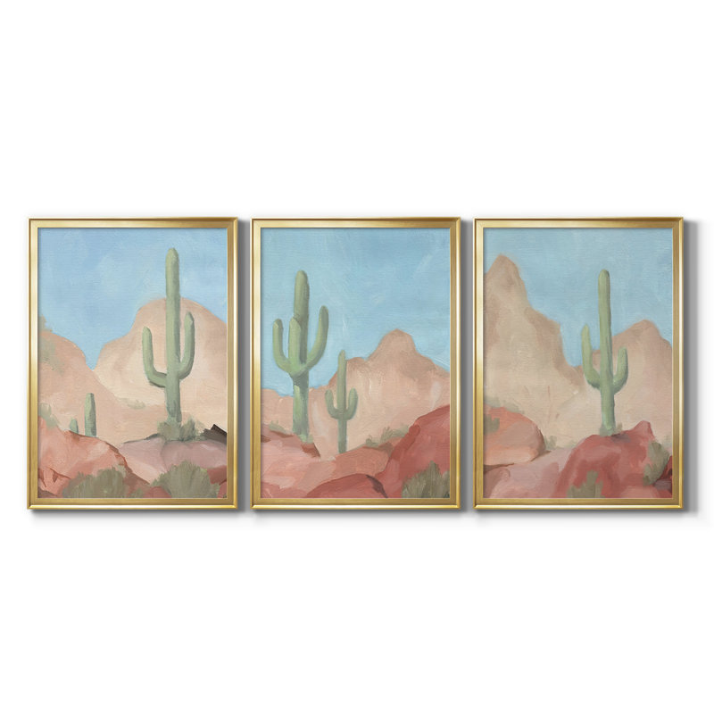 Sunny Saguaro I - Toile tendue avec châssis sur mesure - 3 pièces, 27" H x 39" W, Doré