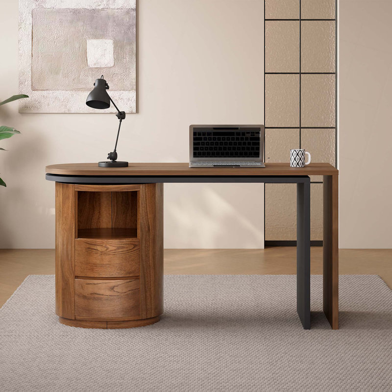 Modern L-Shaped Desk with Drawers & Rotating Storage
