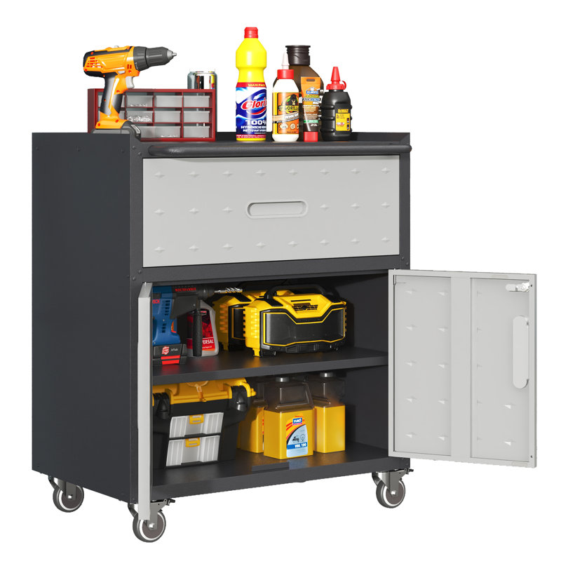 Heavy-Duty Metal Rolling Tool Cabinet with Drawer & Locking Doors, Mobile Garage Storage Cabinet, Grey