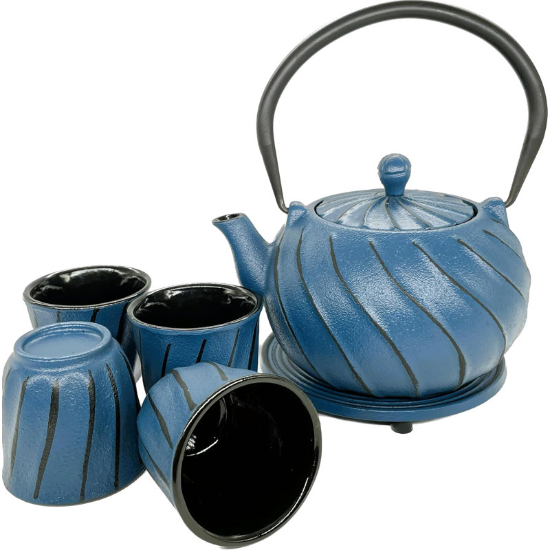  Théière en fonte 900 ml / 30 oz avec 4 tasses 1 ensemble de dessous de plat émaillé et infuseur en acier inoxydable (bleu)