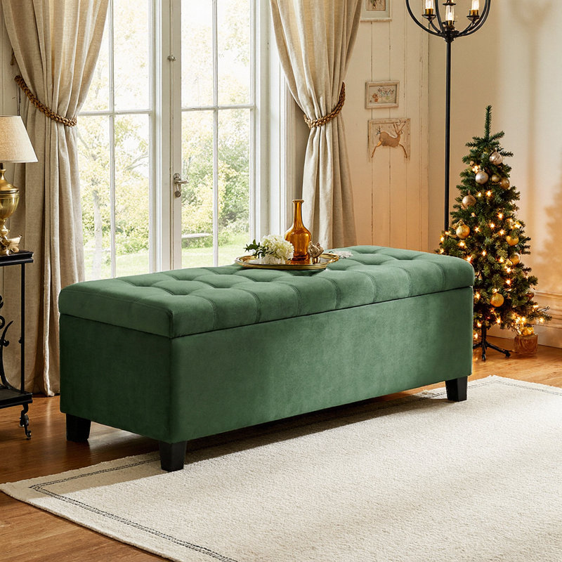 Repose-pieds rembourré avec rangement pour la chambre et le vestibule, Vert rétro