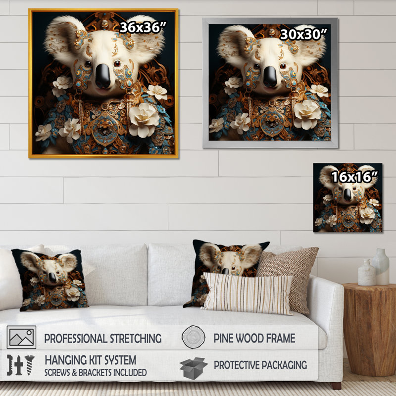 King Koala Blooms 1 - Koala Animal, art mural, Cadre doré simple, H 36 po x l 36 po x P 1,5 po