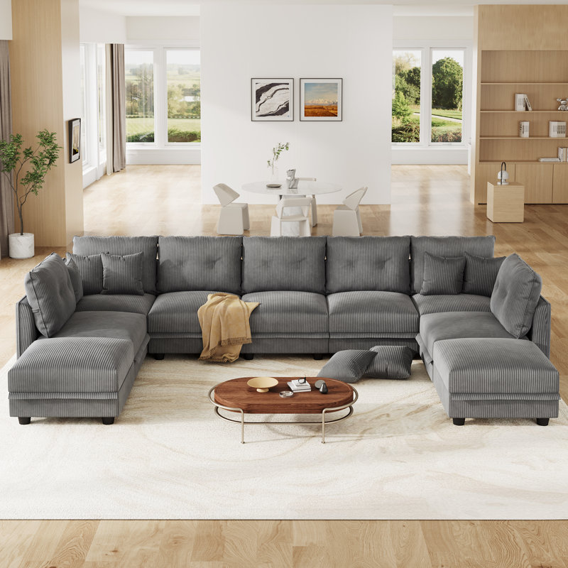 9 Seat Corduroy Convertible Modular Sectional Sofa With Storage, 7 Back Cushion 7 Throw Pillow, Gray Corduroy