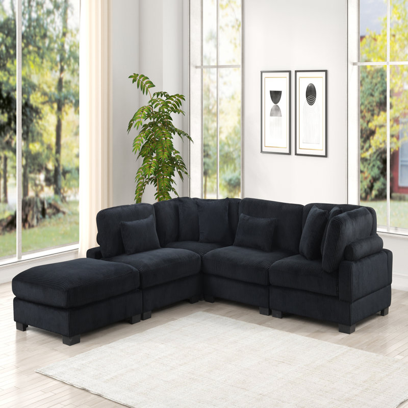 Canapé modulaire de style moderne avec disposition unique en tissu de velours côtelé et bois, Velours côtelé noir
