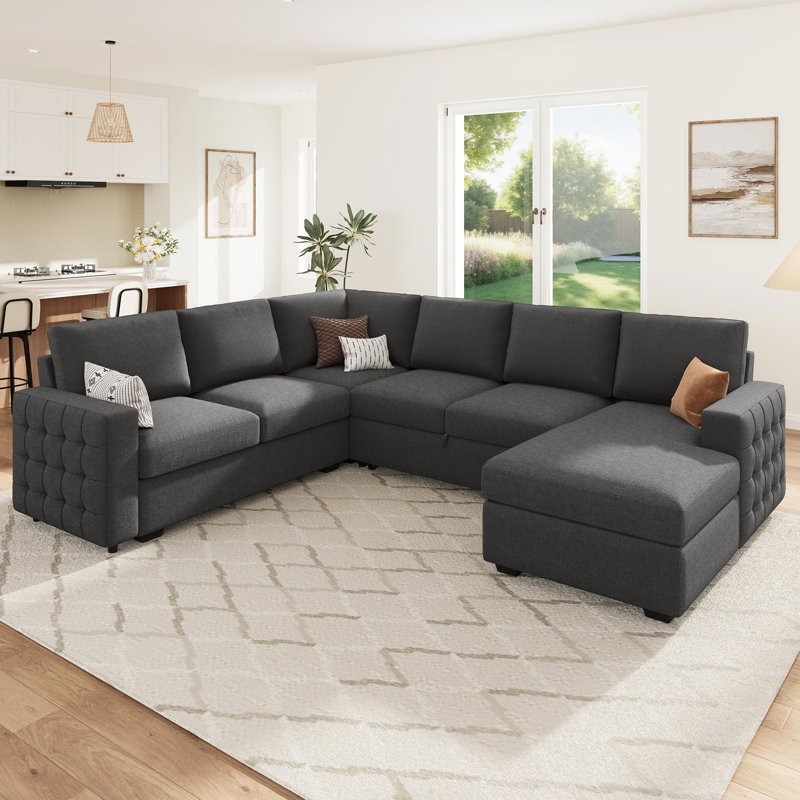 Hildur U-Shaped Sectional Sofa Bed Pull Out Sleeper Couch With Storage Chaise, Gray Polyester Blend