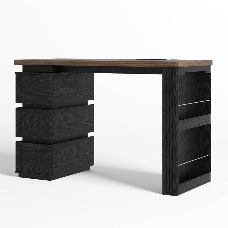 Computer Desk with LED Lights, Charging Ports, Drawers & Storage Shelves, Brown/Black