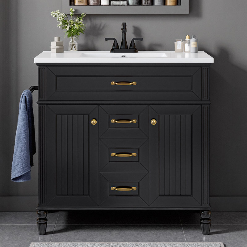 Meuble-lavabo noir 36 po avec lavabo en céramique, portes à fermeture douce et poignées dorées, armoire de rangement moderne autoportante