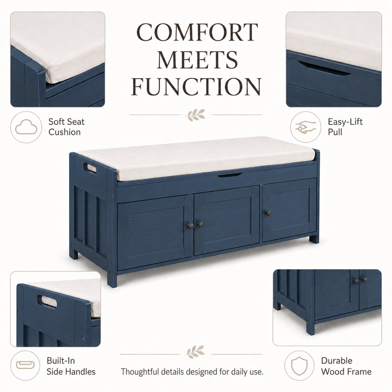 Linen Blend Upholstered Storage Bench, Antique Navy