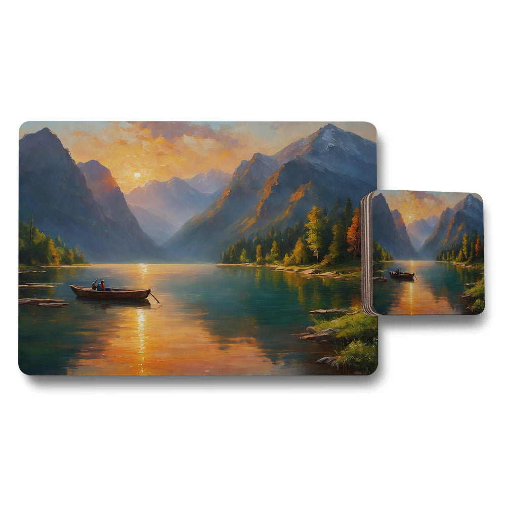 Sunset Mountain Lake Placemats And Coasters Set With Scenic Painting