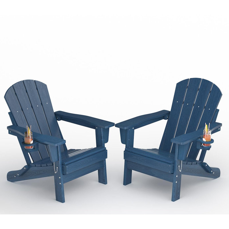 All-Weather HDPE Folding Adirondack Chairs Set of 2 – Cup Holders, Embossed Wood Grain Texture, Collapsible, Weather Resistant, Outdoor Patio Seating – Embossed Wood Grain-Navy Blue 2-Pack
