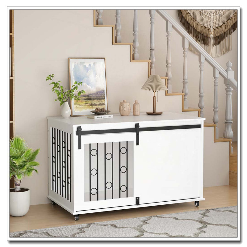 Cage pour chien moderne en bois avec porte de grange coulissante et roulettes