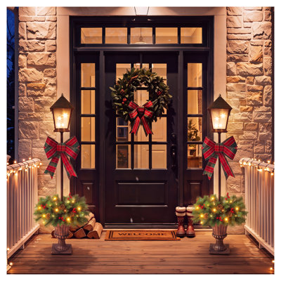 2-Pack Pre-Lit Christmas Lamp Post Decor with Urns, Plaid Bows, Pine Cones and Red Berries for Front Door Entryway