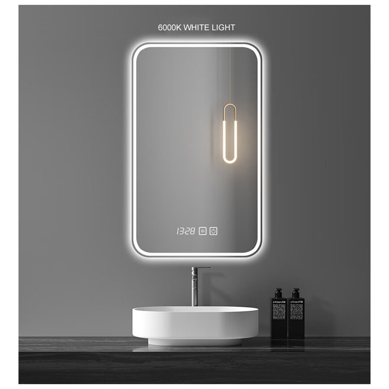 Miroir intelligent pour meuble-lavabo à DEL 20 * 28 pouces avec affichage de l'heure et de la température, équipé d'un désembuage et d'un éclairage dégradé en 3 couleurs.