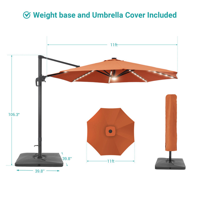 Parasol en porte-à-faux éclairé avec manivelle 132 po Eirlys, Rouge