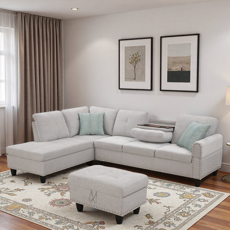 Linen Fabric L - Shaped Sectional Sofa With Nailhead Trim And Cup Holders And Storage Ottoman, Light Gray
