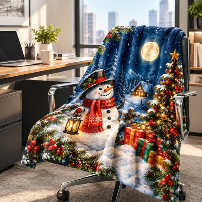 Festive Snowman & Christmas Tree Blanket, Cozy Winter Scene Print Plush Throw for Sofa, Couch, Bedroom, Living Room Holiday Decor