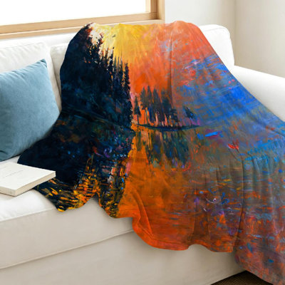 Jeté en molleton de flanelle orange ultra doux, reproduction de peinture à l'huile recto paysage