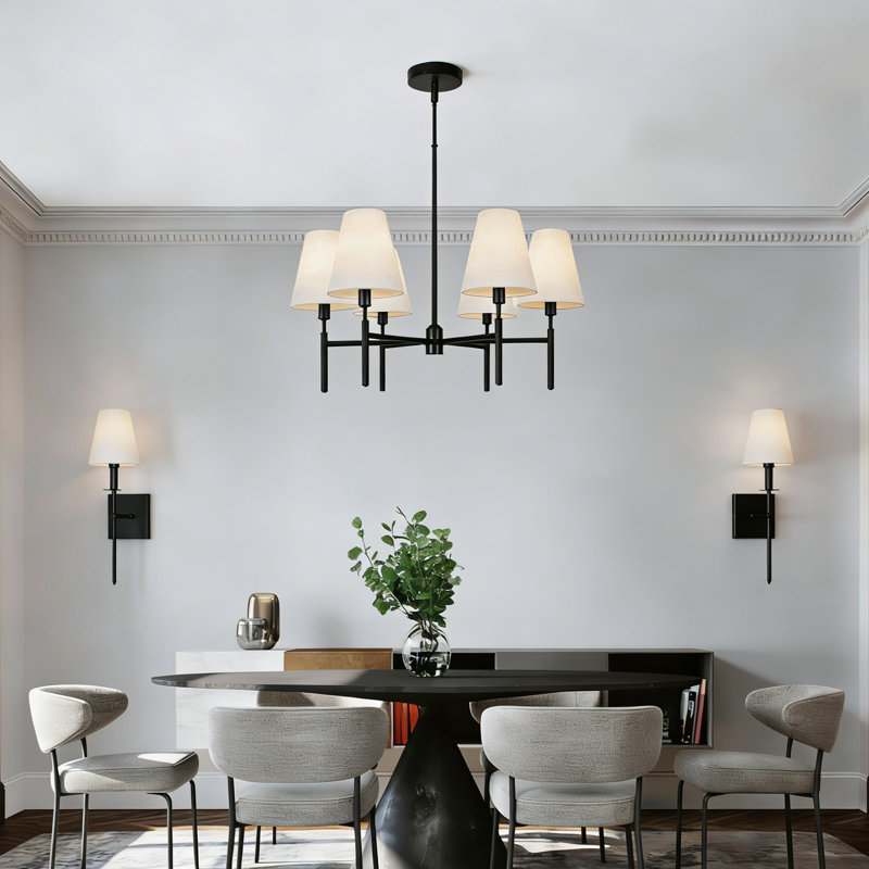 6-Light Modern Fabric Chandelier with 2 Wall Sconces Set for Dining Room, Matte Black