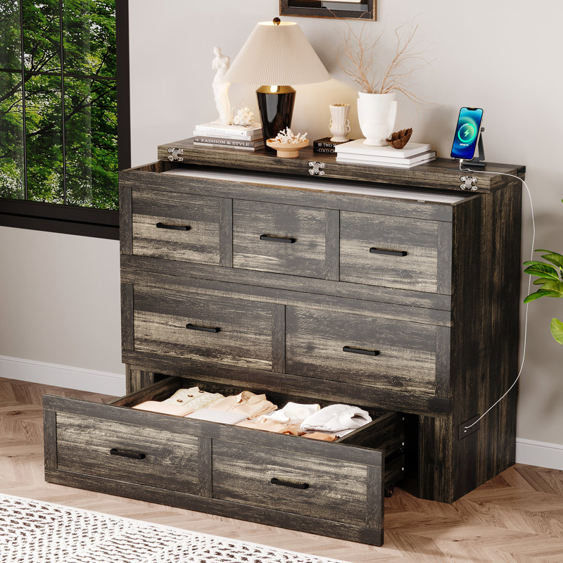 Armoire de lit double pliable avec station de charge et tiroir de rangement, gris rustique, option peu encombrante pour les espaces invités dans les maisons compactes