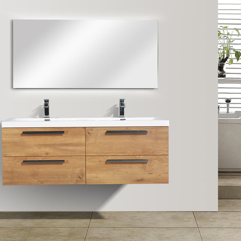 Zakis 57" Wall-Mounted Double Bathroom Vanity Set, Natural Oak