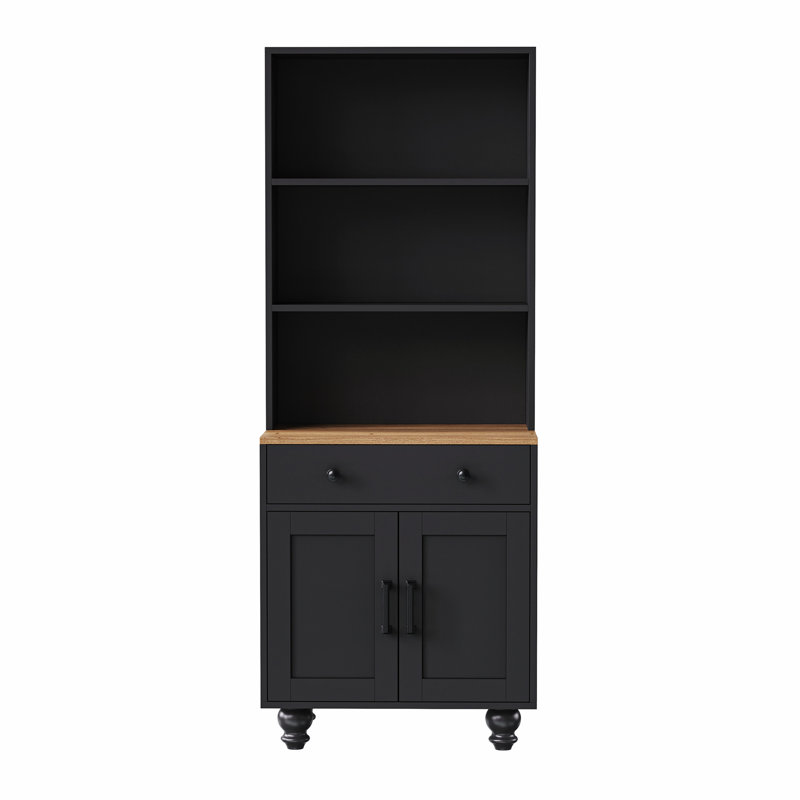 Farmhouse Storage Cabinet with 4 Solid Wood Gourd-Shaped Legs, Modern Kitchen Pantry Cabinet with Adjustable Shelves, 5 Tier Bookshelf with Drawer for Living Room, Black