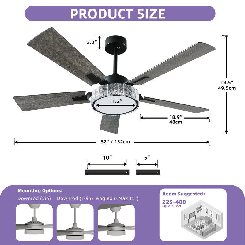  Ventilateur de plafond moderne intelligent 52 po avec lumières Smart, Matte Black, Grey Wood