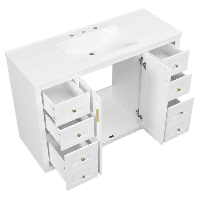 Ensemble meuble-lavabo moderne autoportant de 122 cm (48 po), armoire de rangement pour salle de bain à 6 tiroirs, Blanc