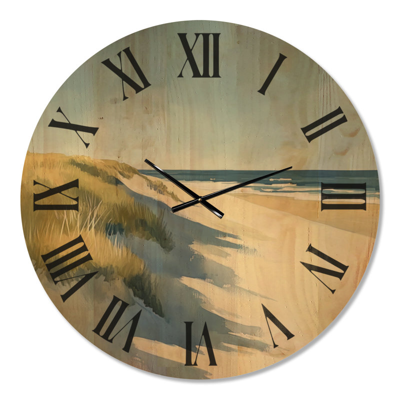 Horloge murale décorative Windswept Dune Shore II - Blue Beach, imprimée sur bois, Très grand