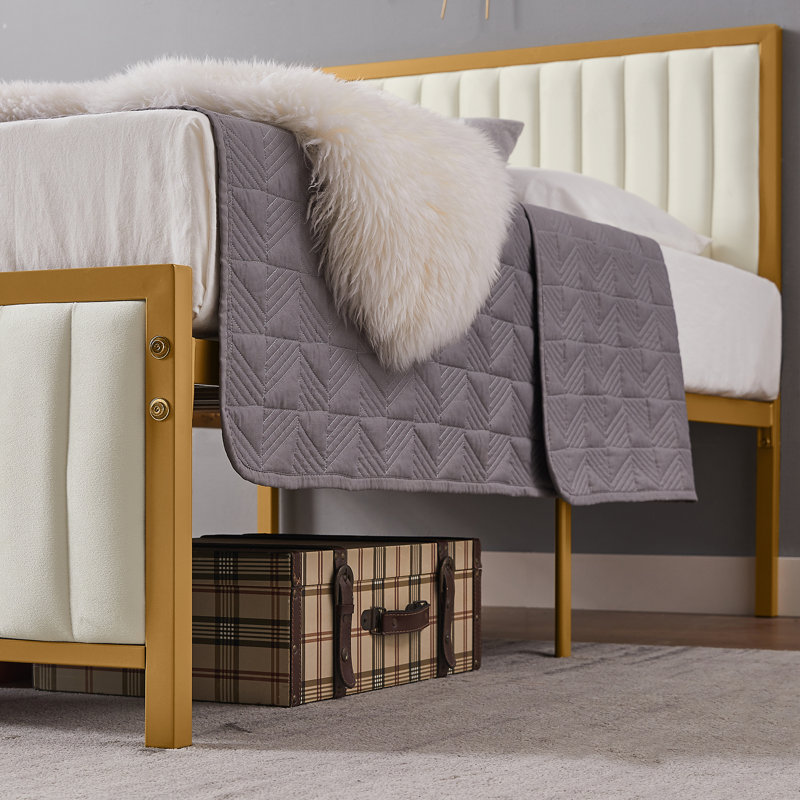 Cadre de lit plateforme avec lit tapissier Rafela, Simple, Beige / or