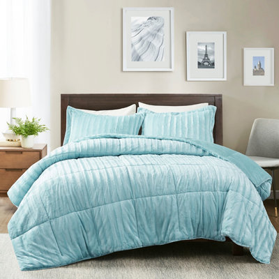 Full/Queen Faux Fur Comforter - Teal Blue, , , Wash 2 Pillows Queen Size Warm Matching Shams