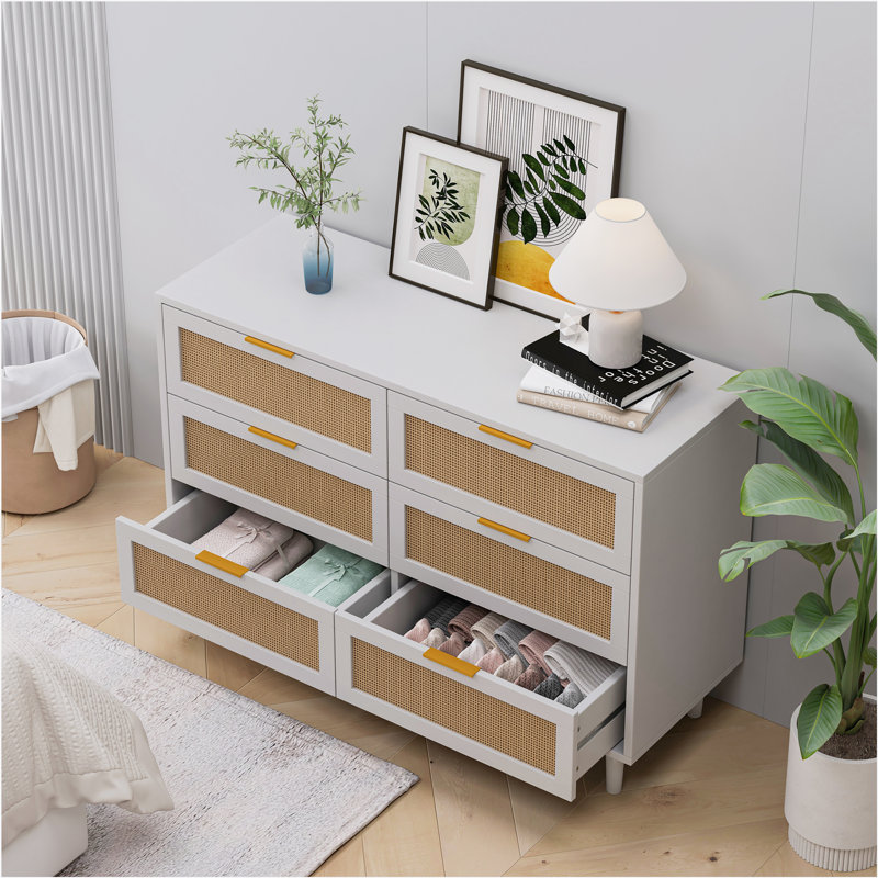 Commode de rangement en rotin à 6 tiroirs de 51,18 po Ayanna, Blanc/naturel