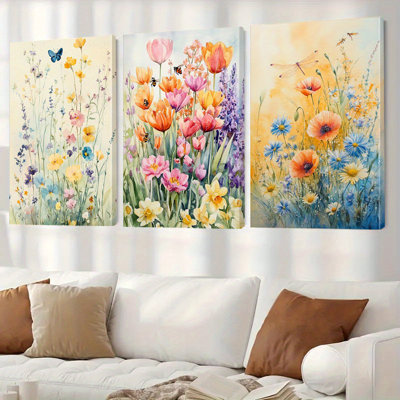 «Watercolor Garden Floral», reproduction sur toile 3 pièces pour décoration intérieure rustique fraîche
