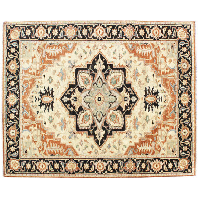 Hand-Knotted Ivory Black Wool Area Rug 8' x 10' ft– Traditional Medallion Design with Ornate Border