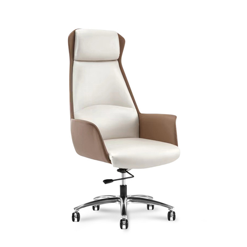 Adjustable Genuine Leather + Faux Leather + Aluminium Alloy Office Chair, Brown/Beige/White