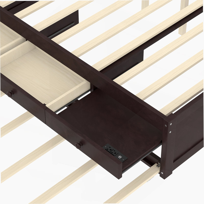 Lit plateforme double avec lit gigogne et 2 tiroirs, fabrication en bois massif, multiprise intégrée, finition espresso