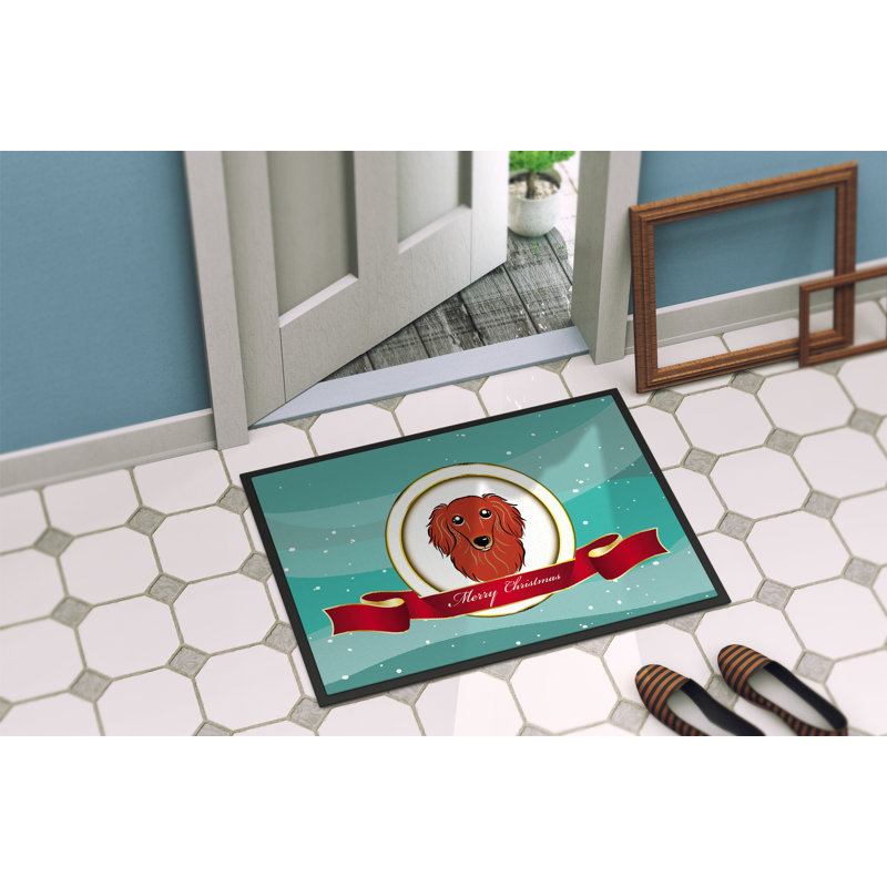 Tapis de porte d’extérieur antidérapant teckel à long teckel merry christmas, Rouge, Rectangle 2 pi x 3 pi