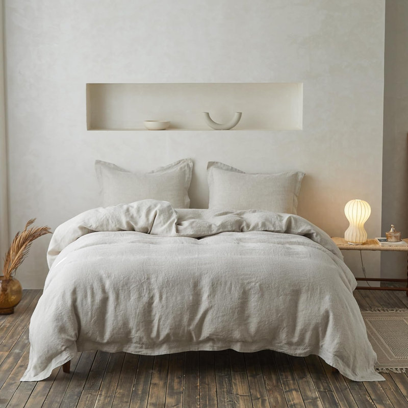 Ensemble de housse de couette 100% lin, 3 pièces lin naturel français, Queen Duvet Cover + 2 Shams, Crossed-linen